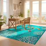 ODIKA Sea Turtle Coastal Washable Rug - Teal Ocean Coral Low Pile Area Rug