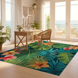 ODIKA Tropical Palm Leaf & Hibiscus Washable Low Pile Area Rug