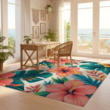 ODIKA Tropical Hibiscus Floral Washable Area Rug - Low Pile Non-Slip Machine Washable Carpet