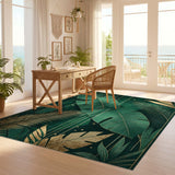 ODIKA Emerald Green and Gold Botanical Washable Rug - Art Deco Tropical Low Pile