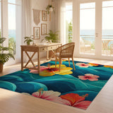 Washable Tropical Hibiscus Floral Area Rug - Teal Blue Ocean Wave, Low Pile & Non-Slip