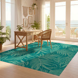 ODIKA Washable Teal Tropical Palm Leaf Area Rug, Non-Slip Low Pile Rug