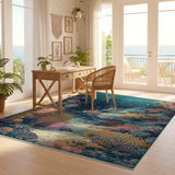 ODIKA Washable Coral Reef Area Rug - Low Pile Non-Slip Teal & Peach Underwater Art Rug