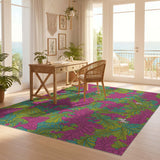 ODIKA Vibrant Magenta & Lime Green Botanical Washable Area Rug - Low Pile Non-Slip Non-Shedding Carpet