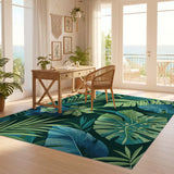 ODIKA Washable Tropical Leaf Area Rug - Low Pile Green Monstera Palm Non-Slip Carpet