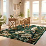 ODIKA Vintage Tropical Bird & Floral Washable Area Rug - Dark Green Low Pile Non-Slip Carpet