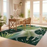 ODIKA Washable Tropical Green Monstera Leaf Area Rug - Low Pile Non-Slip & Pet Friendly