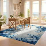 ODIKA Blue Floral Watercolor Washable Area Rug - Low Pile Non-Slip Botanical Carpet