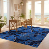ODIKA Washable Blue Abstract Floral Rug - Low Pile Non-Slip Pet Friendly Area Rug