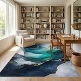 Blue Teal Gold Marble Flow Area Rug