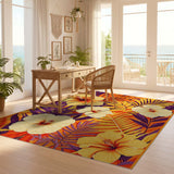 ODIKA Tropical Hibiscus Washable Area Rug - Orange & Yellow Palm Floral, Low Pile Non-Slip