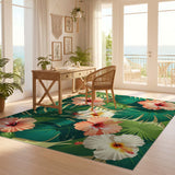 ODIKA Washable Tropical Hibiscus & Monstera Floral Area Rug - Low Pile Non-Slip