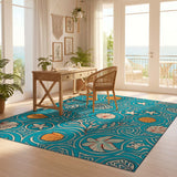 ODIKA Washable Teal Nautical Seashell Low Pile Non-Slip Area Rug