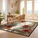 ODIKA Tropical Hibiscus Washable Low Pile Area Rug, Non-Slip & Pet Friendly Tropical Decor