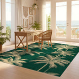 ODIKA Washable Tropical Palm Tree Area Rug - Emerald Green & Cream Low Pile Non-Slip