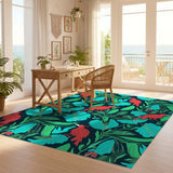 ODIKA Tropical Red Bird & Teal Leaf Washable Low Pile Area Rug