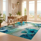 ODIKA Washable Teal Hibiscus Tropical Floral Area Rug, Non-Slip Low Pile Pet Friendly Rug