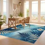 ODIKA Washable Teal Tropical Plumeria Floral Area Rug - Low Pile Non-Slip