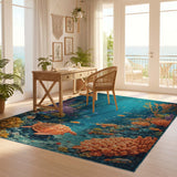 ODIKA Washable Underwater Sea Turtle Coral Reef Nursery Rug - Low Pile Non-Slip Area Rug