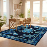 ODIKA Blue Sea Turtle Washable Area Rug - Low Pile Non-Slip Coastal Decor