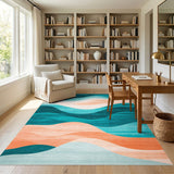ODIKA Modern Abstract Wavy Teal & Peach Washable Area Rug - Low Pile Non-Slip