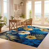 ODIKA Tropical Blue & Gold Hibiscus Washable Rug - Low Pile Non-Slip Area Rug