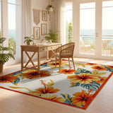 ODIKA Tropical Hibiscus Washable Area Rug - Low Pile Orange Floral Non-Slip Rug