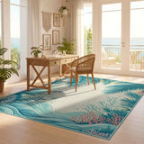 ODIKA Tropical Coastal Palm & Coral Washable Area Rug - Low Pile Non-Slip Indoor Rug