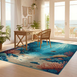 ODIKA Under the Sea Coral Reef Washable Rug - Non-Slip Low Pile Ocean Nautical Area Rug for Kids & Living Room