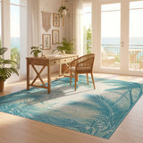 Washable Tropical Palm Tree Area Rug - Teal & Cream Coastal Low Pile Non-Slip Rug