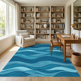 Blue and Teal Blue Ocean Waves Coastal Area Rug