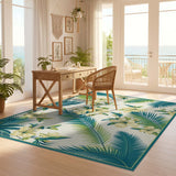 ODIKA Tropical Palm Leaf & Hibiscus Floral Washable Area Rug, Low Pile Non-Slip Indoor Carpet