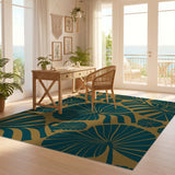 ODIKA Art Deco Teal & Gold Fan Leaf Washable Low Pile Area Rug - Non-Slip & Pet Friendly
