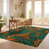 ODIKA Washable Teal and Orange Botanical Art Deco Area Rug - Low Pile Non-Slip