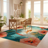 ODIKA Vintage Surf & Hibiscus Washable Rug - Non-Slip Tropical Low Pile Area Rug