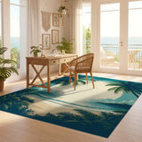 ODIKA Vintage Tropical Beach Washable Rug - Teal Palm Tree Low Pile Non-Slip Area Rug