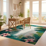 ODIKA Vintage Tropical Hibiscus Washable Rug - Low Pile Non-Slip Floral Area Rug