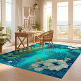 ODIKA Washable Tropical Botanical Teal Area Rug - Low Pile & Non-Slip Floral Rug