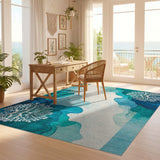 ODIKA Washable Ocean Abstract Coral Teal Area Rug - Non-Slip Low Pile