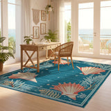 ODIKA Washable Coastal Seashell Area Rug - Teal Blue Non-Slip Low Pile Rug