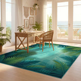 ODIKA Tropical Palm Leaf Washable Area Rug - Low Pile Non-Slip Botanical Teal Decor