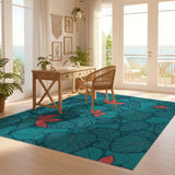 ODIKA Tropical Teal Botanical Washable Area Rug - Low Pile & Non-Slip Floral Decor