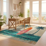 ODIKA Vintage Tropical Surfboard Washable Area Rug - Low Pile Non-Slip Coastal Beach Decor