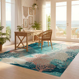 ODIKA Washable Coastal Coral Reef Area Rug - Non-Slip Low Pile Teal & Coral Pink Decor