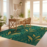 ODIKA Emerald Green and Gold Botanical Leaf Washable Area Rug - Low Pile & Non-Slip