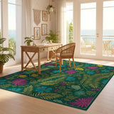 ODIKA Washable Tropical Jungle Fern and Frog Print Low Pile Area Rug