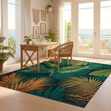 ODIKA Tropical Green Leaf Washable Rug - Non-Slip Low Pile Botanical Area Rug