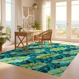 ODIKA Teal Tropical Banana Leaf Washable Rug, Low Pile Non-Slip Area Rug