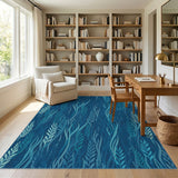 Blue Teal Seaweed Coastal Washable Area Rug