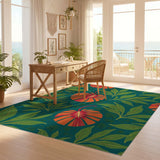 ODIKA Washable Tropical Botanical Area Rug - Teal & Orange Vibrant Low Pile Non-Slip Floor Mat